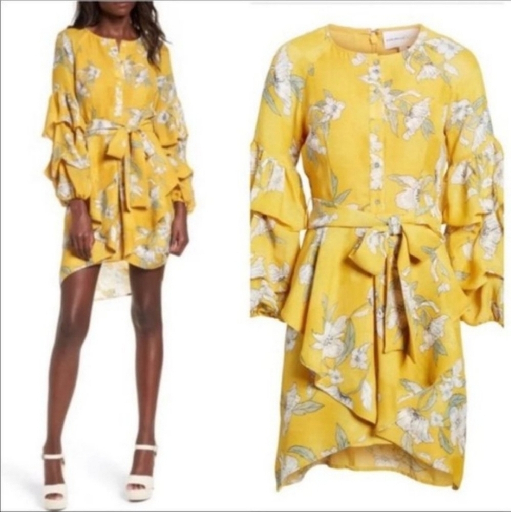 Chriselle J.O.A. Yellow Floral Tiered Ruffle Dress Sz: Medium
